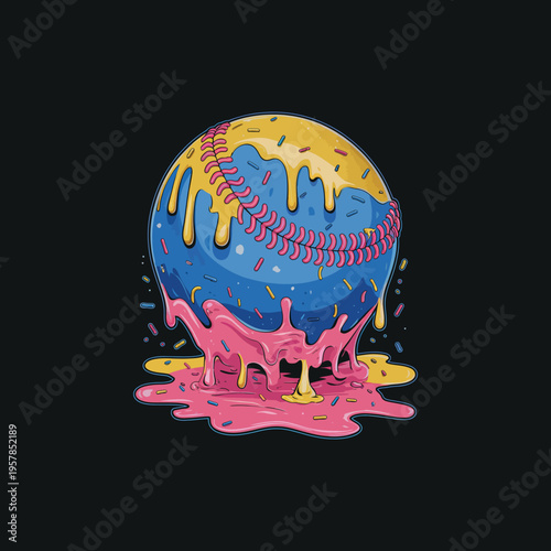 Baseball donut vector illustration artwork, sweet glaze dessert food, melting candy colorful baseball