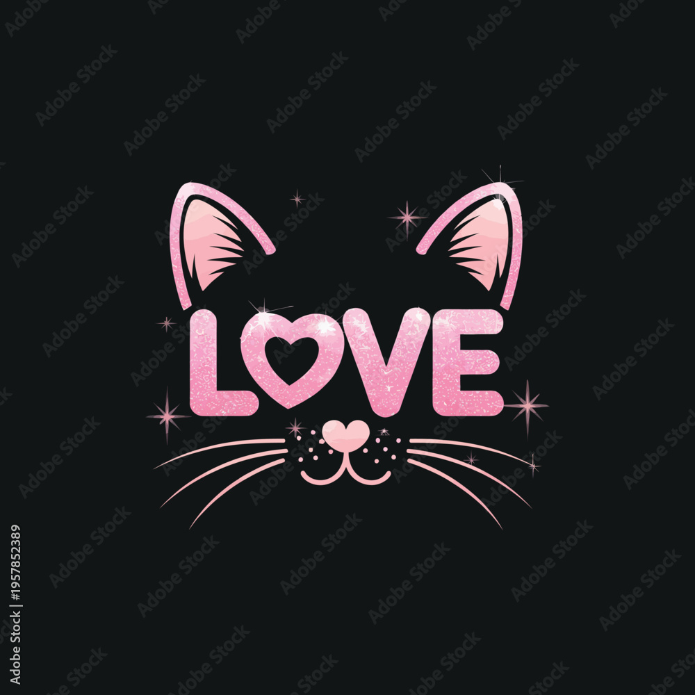 Fototapeta premium Sparkly pink glitter love text with cat ears and whiskers on dark background