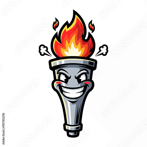 Flaming cartoon torch with mischievous grin and fierce eyes