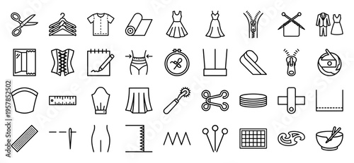 Tailoring and Fashion Design Outline Symbols Featuring Minimalist Geometric Line Art for Textile Manufacturing and Garment Construction