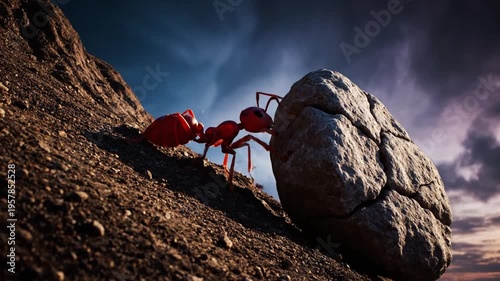 Red ant pushing large rock uphill.