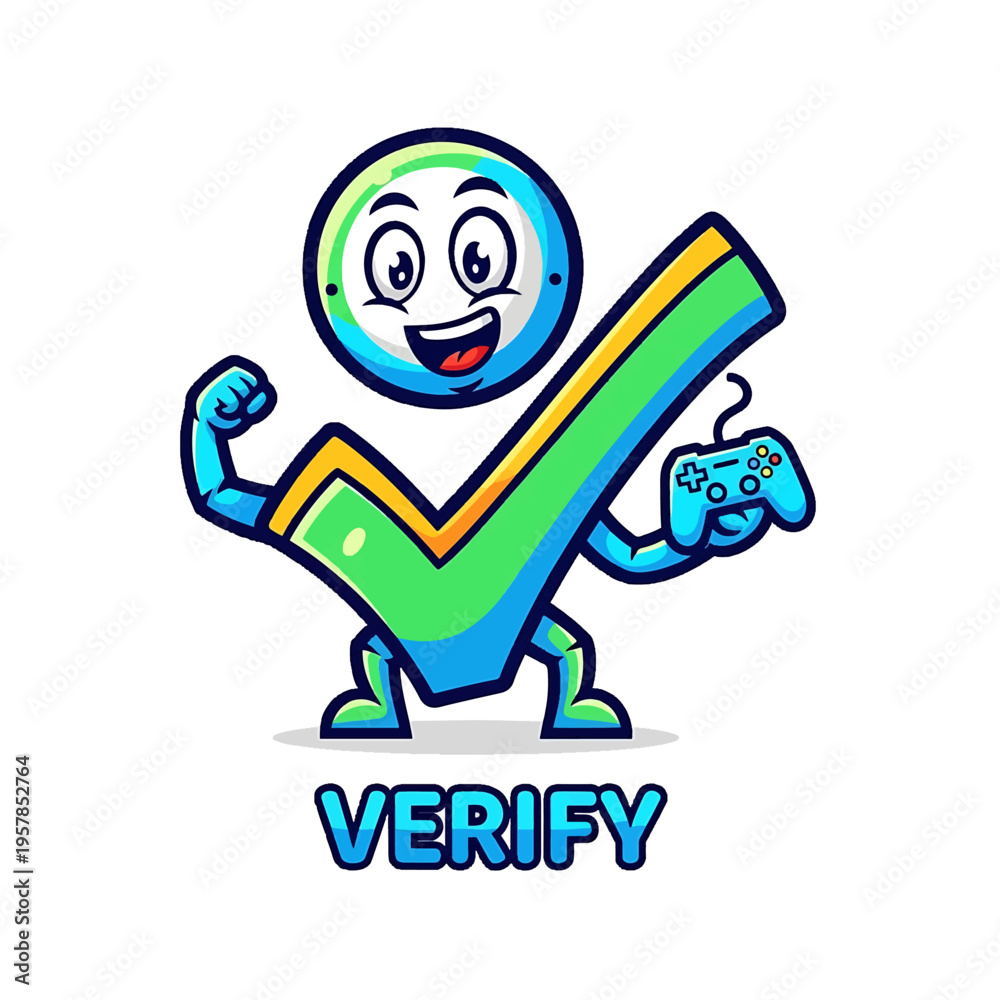 Fototapeta premium Verify mascot character with checkmark and game controller