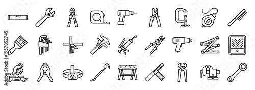 Minimalist Monoline Hardware Tool Icons for Construction and DIY Projects Featuring Geometric Line Art for Technical Interface Design