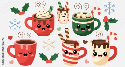  Festive holiday mugs with cartoon faces and winter elements