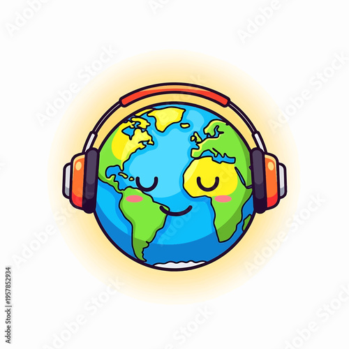 Earth wearing headphones with smiling continents and rosy cheeks