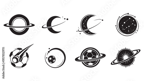 Space and Planet Logo Icon Set in Silhouette for Science, Astronomy Branding, and Cosmic Theme Design Projects