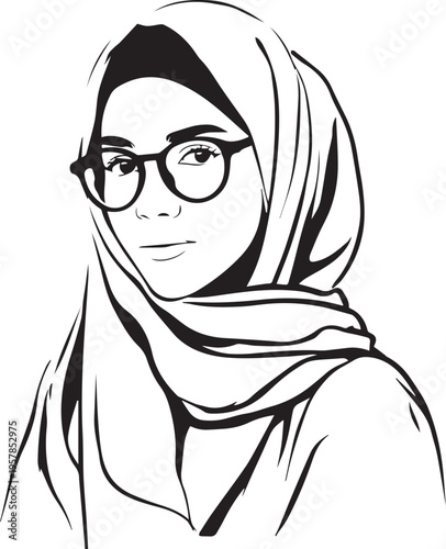 Hand Drawn Woman Wearing Hijab Black and White Avatar Illustration in Minimal Solid Art Style Design