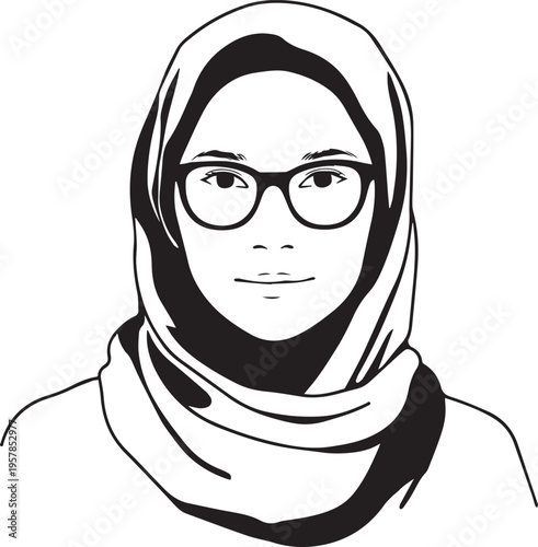 Hand Drawn Woman Wearing Hijab Black and White Avatar Illustration in Minimal Solid Art Style Design