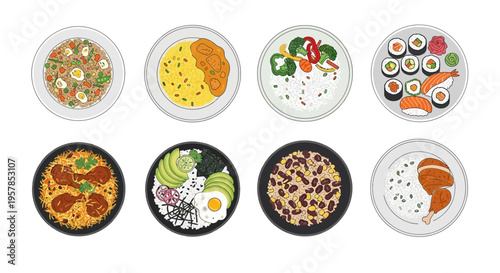 Top View Illustration of Eight Global Rice Dishes Including Sushi, Biryani, Curry, Fried Rice, and Poke Bowls on a Clean White Background for Food Concepts.