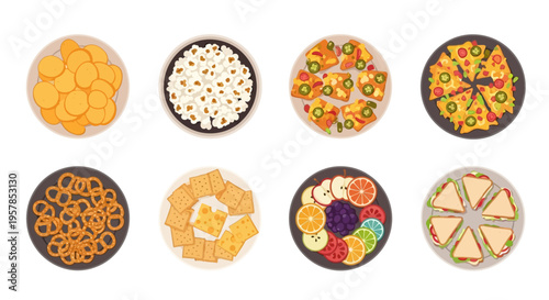 Collection of various party snacks and appetizers including popcorn, potato chips, nachos, pretzels, crackers with cheese, fresh fruit, and club sandwiches.