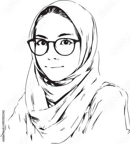 Hand Drawn Woman Wearing Hijab Black and White Avatar Illustration in Minimal Solid Art Style Design