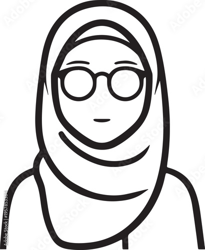 Hand Drawn Woman Wearing Hijab Black and White Avatar Illustration in Minimal Solid Art Style Design