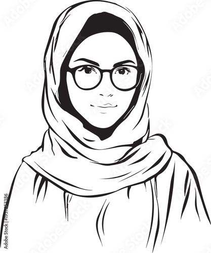 Hand Drawn Woman Wearing Hijab Black and White Avatar Illustration in Minimal Solid Art Style Design