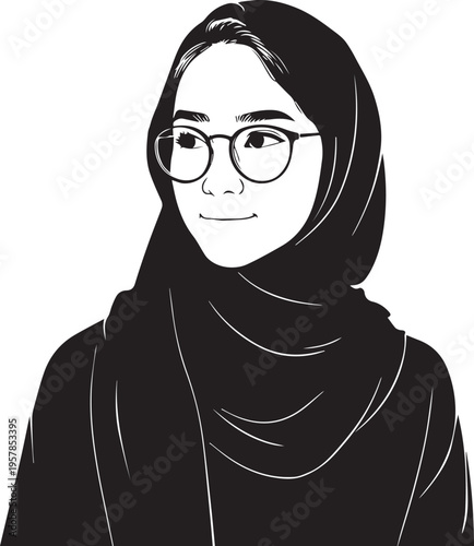 Hand Drawn Woman Wearing Hijab Black and White Avatar Illustration in Minimal Solid Art Style Design