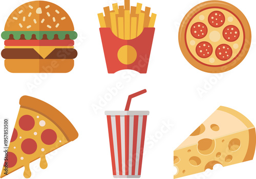 Fast Food Icons Set Burger Fries Pizza Drink Cheese, Popular Fast Food Items Vector Set