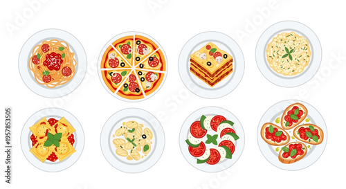 Assorted Collection of Italian Cuisine Dishes Top View Featuring Pizza Pasta Spaghetti Lasagna Ravioli Gnocchi Risotto Caprese Salad and Bruschetta Illustration.