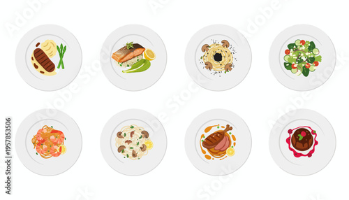 Vector illustration set of eight gourmet restaurant dishes on white plates including steak, salmon, pasta, salad, and chocolate dessert from a top-down view.