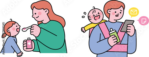 Modern parenting challenges with technology and health care depicted in illustration