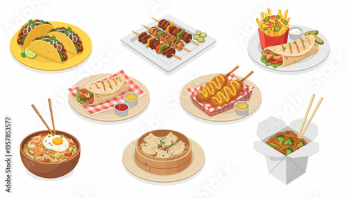 Vibrant Vector Illustration Set of Global Street Food Icons Including Tacos, Beef Kebabs, Burritos, Corn Dogs, Ramen Bowl, Dumplings, and Takeout Noodle Box.