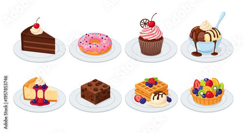 Collection of delicious dessert illustrations including chocolate cake, pink donut, cupcake, ice cream sundae, cheesecake, brownie, waffles, and fruit tart.