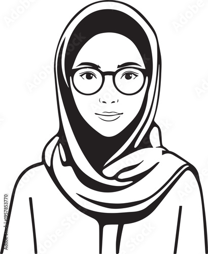 Hand Drawn Woman Wearing Hijab Black and White Avatar Illustration in Minimal Solid Art Style Design