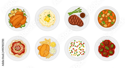 A set of eight delicious main course meal illustrations including roasted chicken, grilled steak, spaghetti, fish and chips, and meatballs on white background.