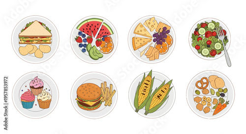 A comprehensive collection of eight hand-drawn food plates featuring a variety of healthy meals and snacks like salad, fruit, burgers, and cupcakes on white.