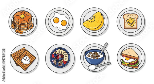 Colorful Breakfast Food Illustration Set Featuring Pancakes, Eggs, Waffles, Cereal, Toast, and Sandwiches on White Plates for Menu Design and Morning Concepts.