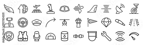 Flight Simulator Aviation Technology Linear Symbols. Minimalist monoline geometric line art for digital pilot training and navigation.
