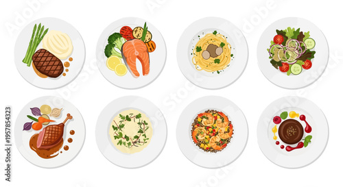 Diverse Set of Eight Gourmet Dinner Plates Featuring Grilled Steak, Salmon Fillet, Italian Pasta, Fresh Garden Salad, Roasted Meat, Risotto, Shrimp and Dessert.