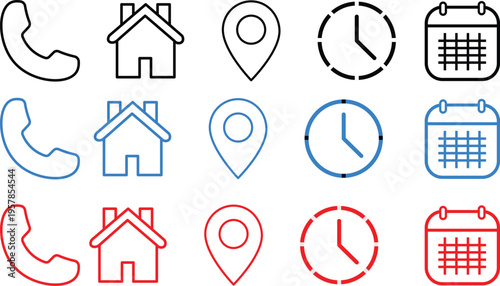 Phone receiver, home, location pin, clock and calendar elements form a clean contact vector illustration. Modern clean vector illustration. Date, time, and location UI icon set with clock
