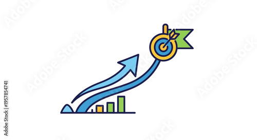 Business Growth and Success: Target Achieved with Upward Trend Arrows and Bar Chart