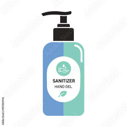 Pump bottle of blue and green hand sanitizer gel