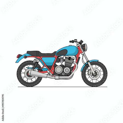 Blue and red classic motorcycle with spoke wheels and chrome exhaust