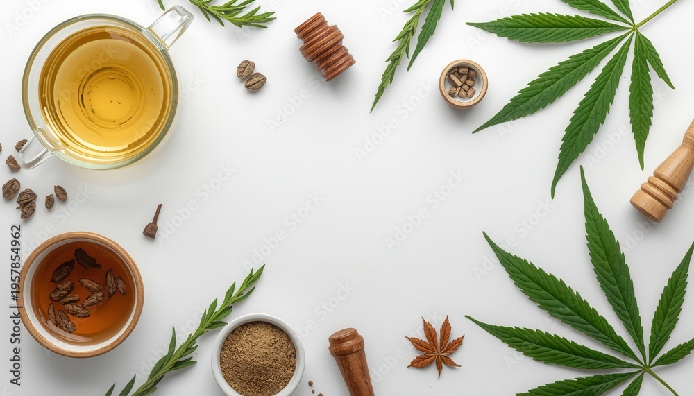 custom made wallpaper toronto digitalCannabis-Infused Wellness: An artistic composition of cannabis leaves and natural health ingredients, creating a scene of holistic wellness.