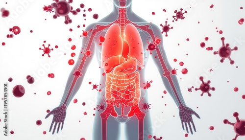 Wallpaper Mural Human Body and Virus Interaction: A detailed illustration shows the human body under siege by a virus, highlighting the immune system's battle against the invader.  Torontodigital.ca