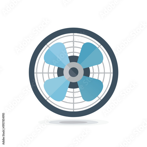 Close-up view of a blue-bladed electric fan with a dark grey outer rim