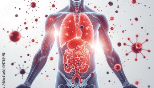 Wallpaper Mural Microcosm of Internal Strife: An artistic rendering depicts the intricate dance of viral invasion within the human body. Highlighting the internal struggle against disease. Torontodigital.ca