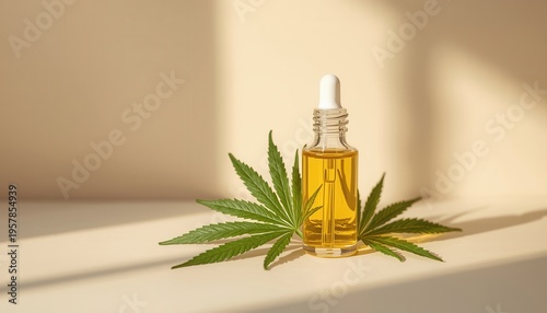 Wallpaper Mural CBD Oil and Cannabis Leaf: A close-up shot of a glass bottle of CBD oil beside a cannabis leaf. A symbol of wellness, nature's gentle touch, and tranquility. Torontodigital.ca