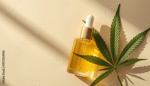 Wallpaper Mural Cannabis Oil and Leaf: A close-up shot of a cannabis oil bottle next to a single cannabis leaf, casting a natural shadow, offering a visual testament to the power of nature and alternative wellness. Torontodigital.ca