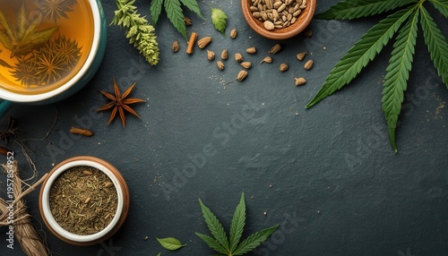 Wallpaper Mural Herbal Wellness: A serene composition featuring a cup of tea, cannabis leaves and natural ingredients, symbolizing holistic well-being and health-conscious living. Torontodigital.ca