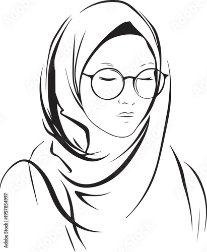 Hand Drawn Woman Wearing Hijab Black and White Avatar Illustration in Minimal Solid Art Style Design