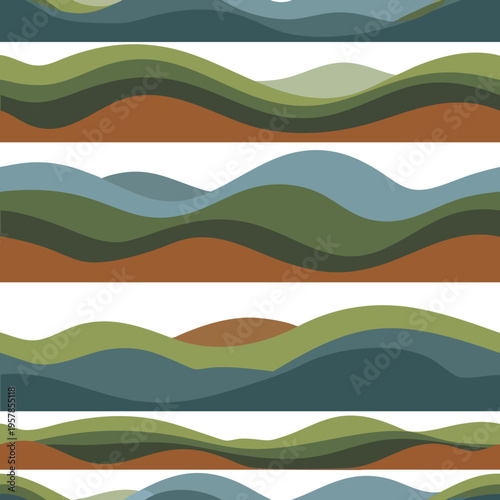 Abstract landscape with rolling hills and layered color palettes