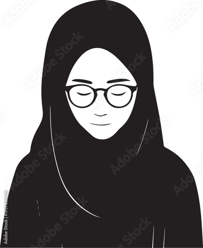 Hand Drawn Woman Wearing Hijab Black and White Avatar Illustration in Minimal Solid Art Style Design
