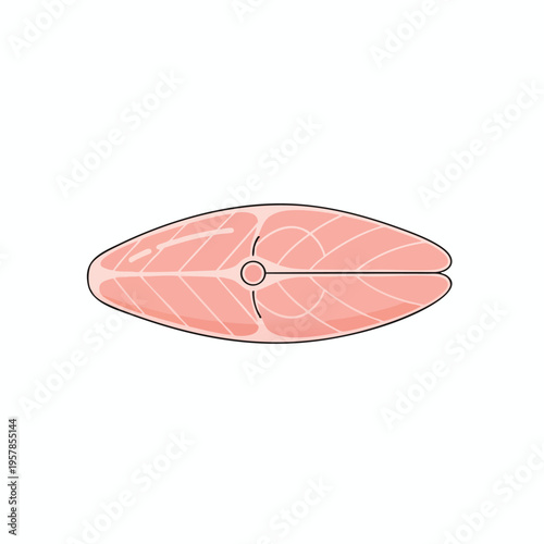 A raw, oval-shaped salmon steak with distinct pink flesh and white fat lines