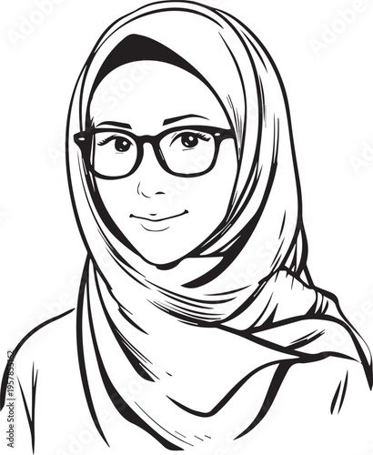 Hand Drawn Woman Wearing Hijab Black and White Avatar Illustration in Minimal Solid Art Style Design