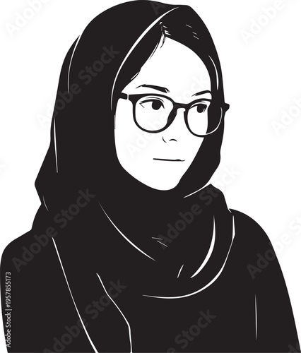 Hand Drawn Woman Wearing Hijab Black and White Avatar Illustration in Minimal Solid Art Style Design