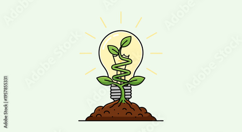 Growing Idea Light Bulb with Plant Sprout in Soil, Innovation Concept