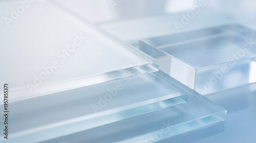 Canvastavla Abstract close-up photograph showcasing clear and frosted glass plates arranged on a gentle light blue background