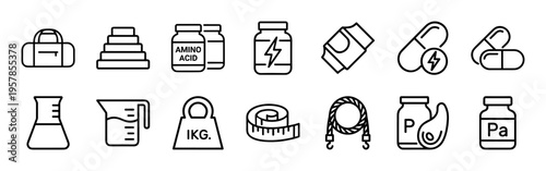 Performance Sports Nutrition and Fitness Supplement Linear UI Elements featuring Minimalist Monoline Geometric Aesthetic for Bodybuilding.